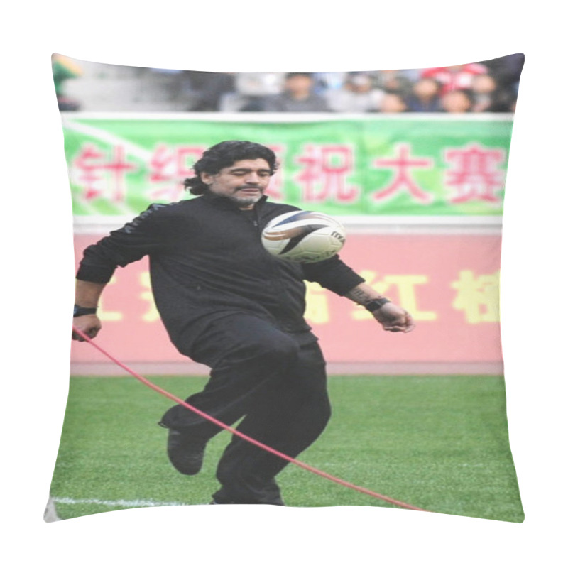 Personality  Former Argentine Player And Coach Diego Maradona Kicks Off A Charity Football Match In Jinan City, East Chinas Shandong Province, November 5, 2010. Pillow Covers