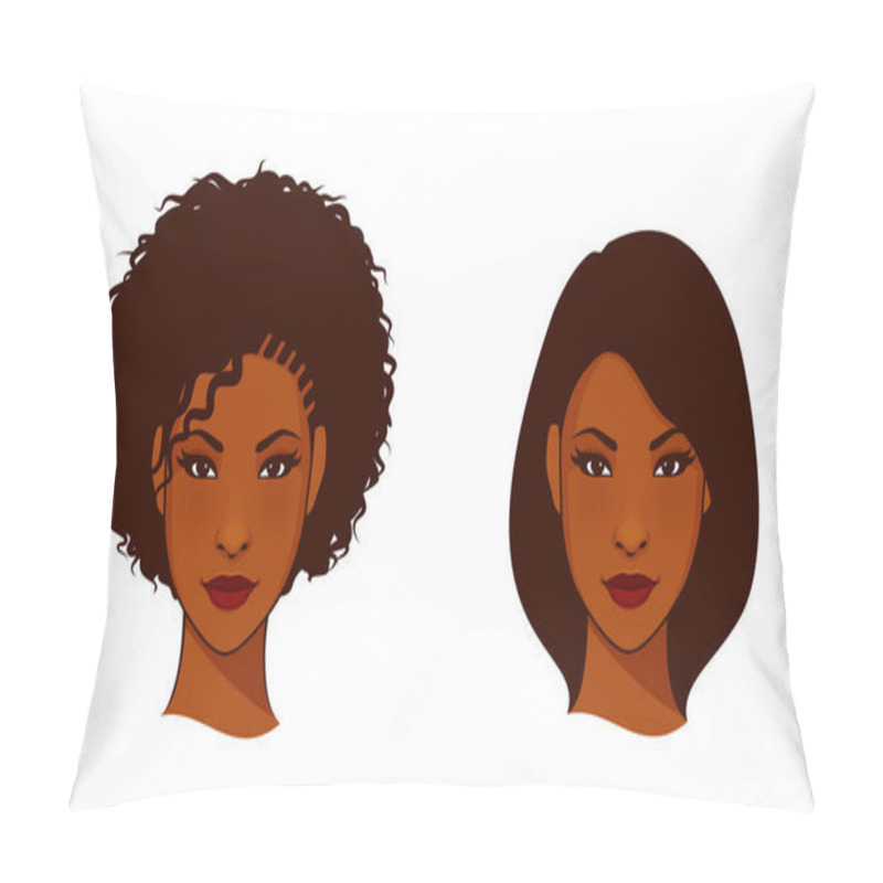 Personality  Beautiful African American Woman With Natural Or Straightened Hair. Attractive Black Girl, Detail Of Face. Stylized Fashion Illustration. Pillow Covers