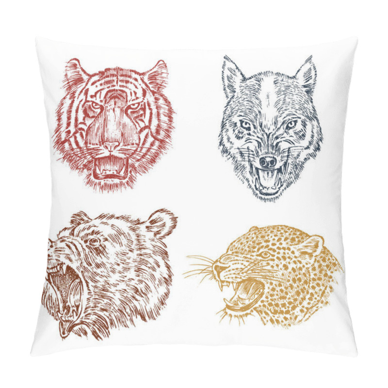 Personality  The Face Of Brown Grizzly Bear, Leopard And Jaguar. Portrait Of The Wolf. Jaws Of The Tiger. Head Of Wild Animal. Angry Roar Of A Predator. Badge Or Emblem. Engraved Hand Drawn Vintage Sketch. Pillow Covers