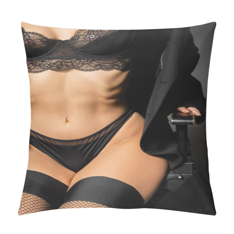 Personality  Partial View Of Modern Female Model In Sexy Underwear And Blazer Sitting On Chair On Grey Background, Black Panties, Lace Bra, Representation Of Slender Body And Erotic Fashion Pillow Covers