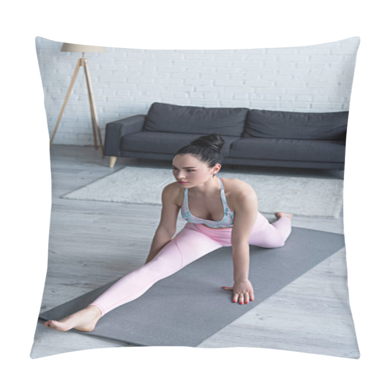 Personality  Brunette Woman In Sportswear Sitting In Front Splits Pose While Practicing Yoga Pillow Covers