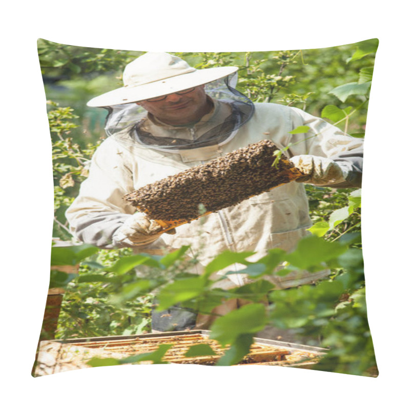 Personality  The Beekeeper Looks At The Beehive. Honey Collection And Bee Control. Bee Breeding And Bee Keeping. Pillow Covers