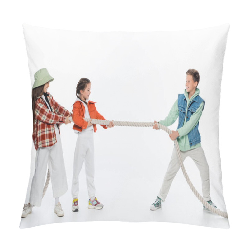 Personality  Side View Of Cheerful Girls Pulling Rope While Playing Tug Of War Game With Boy On White Pillow Covers