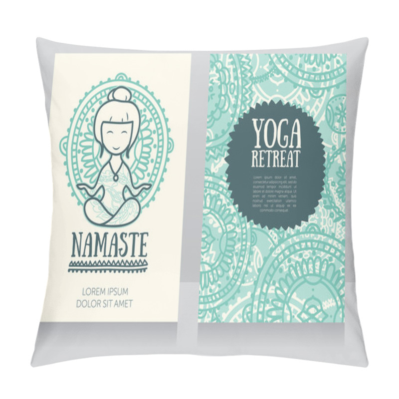 Personality  Cards Template For Yoga Retreat Or Yoga Studio With Cute Girl In Meditation Pillow Covers