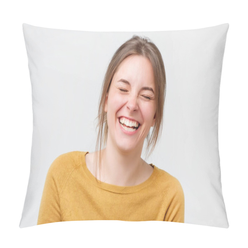 Personality  Beautiful Young Woman In Yellow Sweater Laughing Pillow Covers