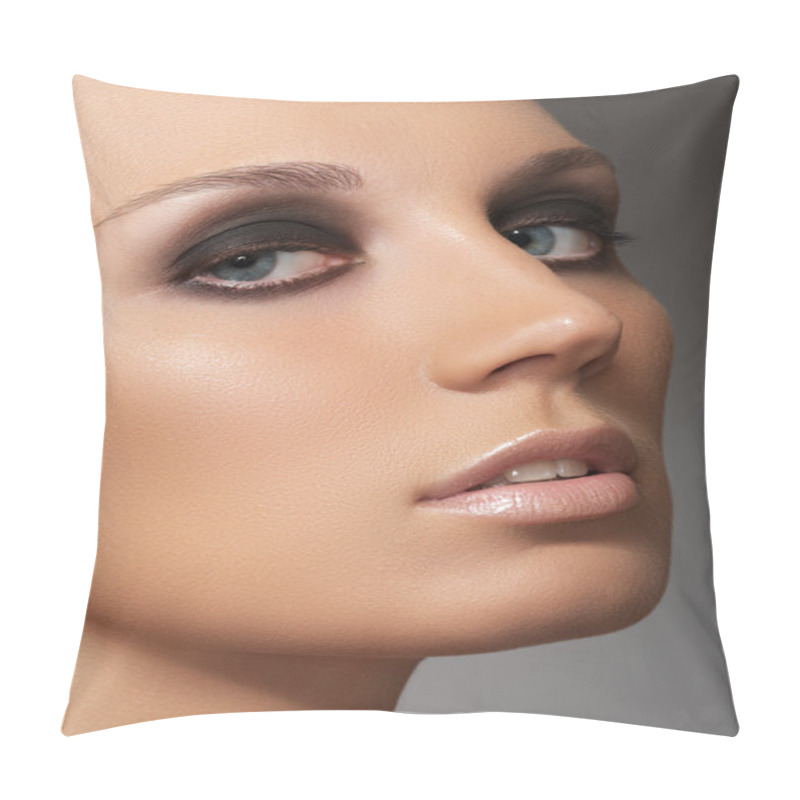 Personality  Closeup Beauty Portrait Of Attractive Model Face With Fashion Visage. Dark Smoky Eye Makeup And Beige Gloss Lips Make-up Pillow Covers