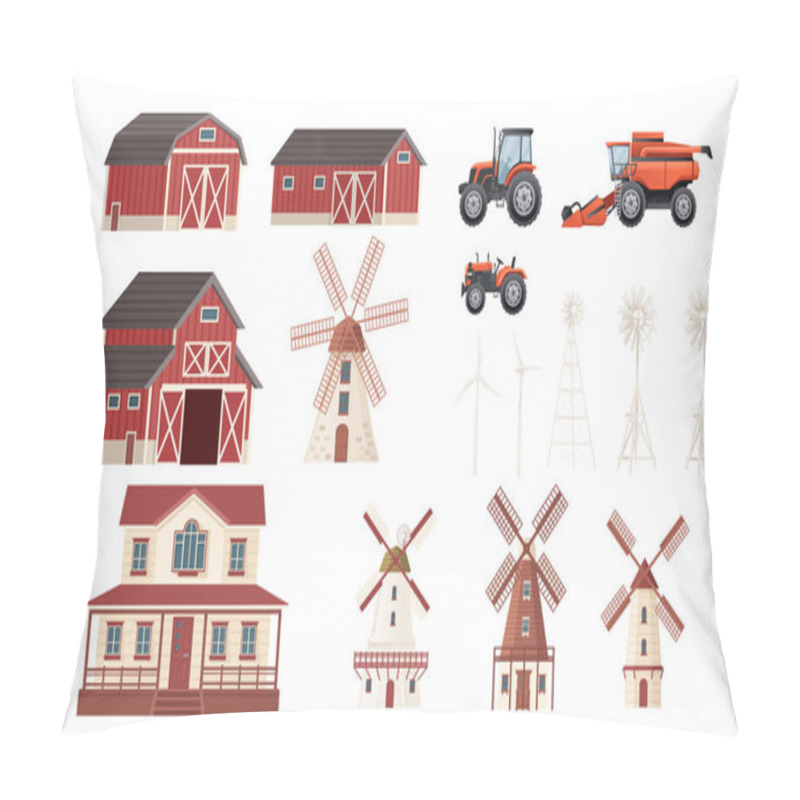 Personality  Set Of Rural Buildings With Agriculture Machinery Tractor And Combine Barn Country House Windmill Vector Illustration On White Background Pillow Covers