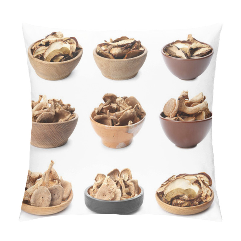 Personality  Set Of Different Dishware With Dried Mushrooms On White Background Pillow Covers