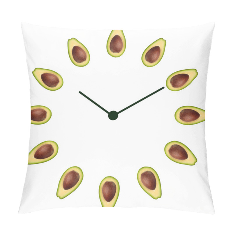 Personality  Half Ripe Green Avocado With Bone On The Clock Face With Arrows As Illustration Time Healthy Lifestyle, Emblem Proper Nutrition Vegetarian Diet Bio Brand Quility Restaurant. Copy Space Flatlay Pillow Covers