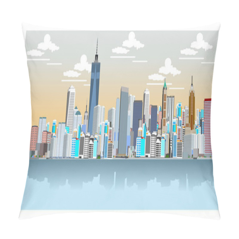 Personality  New York Cityscape Vector Illustration. Cartoon New York Landmarks In Night, Freedom Tower On One World Trade Center And Famous US America City Buildings Or Skyscraper Architecture With Illumination Pillow Covers