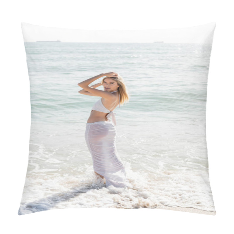 Personality  A Young Blonde Woman Standing Confidently On A Miami Beach, Overlooking The Vast Ocean Waves On A Sunny Day. Pillow Covers