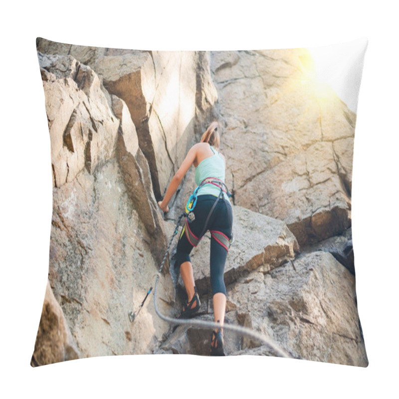 Personality  Beautiful Woman Climbing On The Rock In The Mountains. Adventure And Extreme Sport Concept Pillow Covers