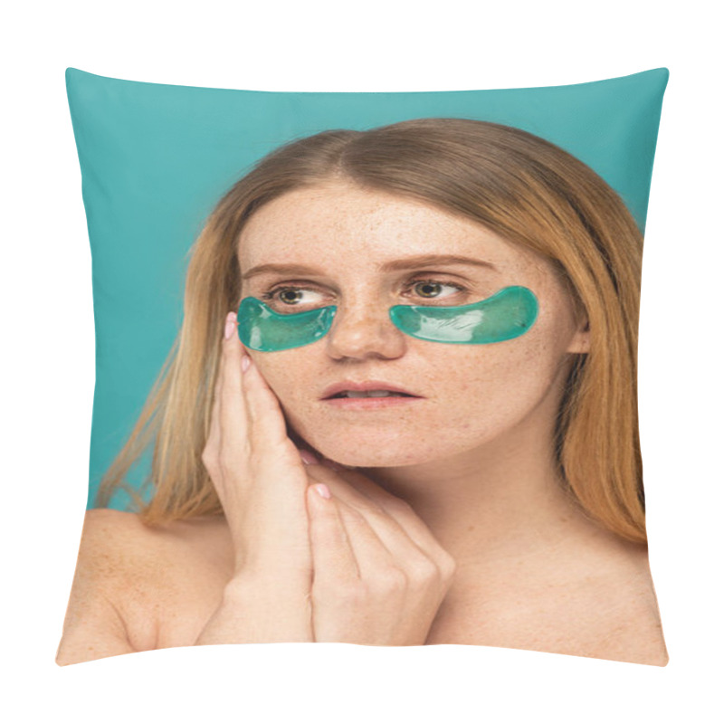 Personality  Young Woman With Freckles And Patches Under Eyes Looking Away Isolated On Turquoise  Pillow Covers