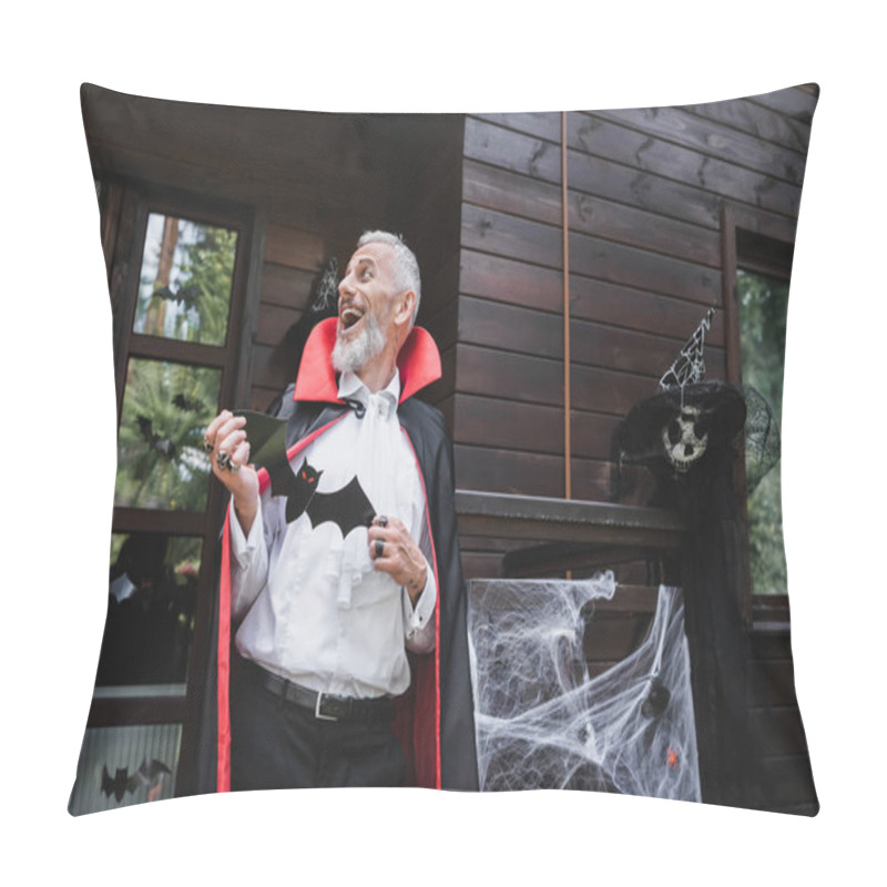 Personality  Mature Man In Vampire Halloween Costume Laughing On Porch Of Decorated House Pillow Covers