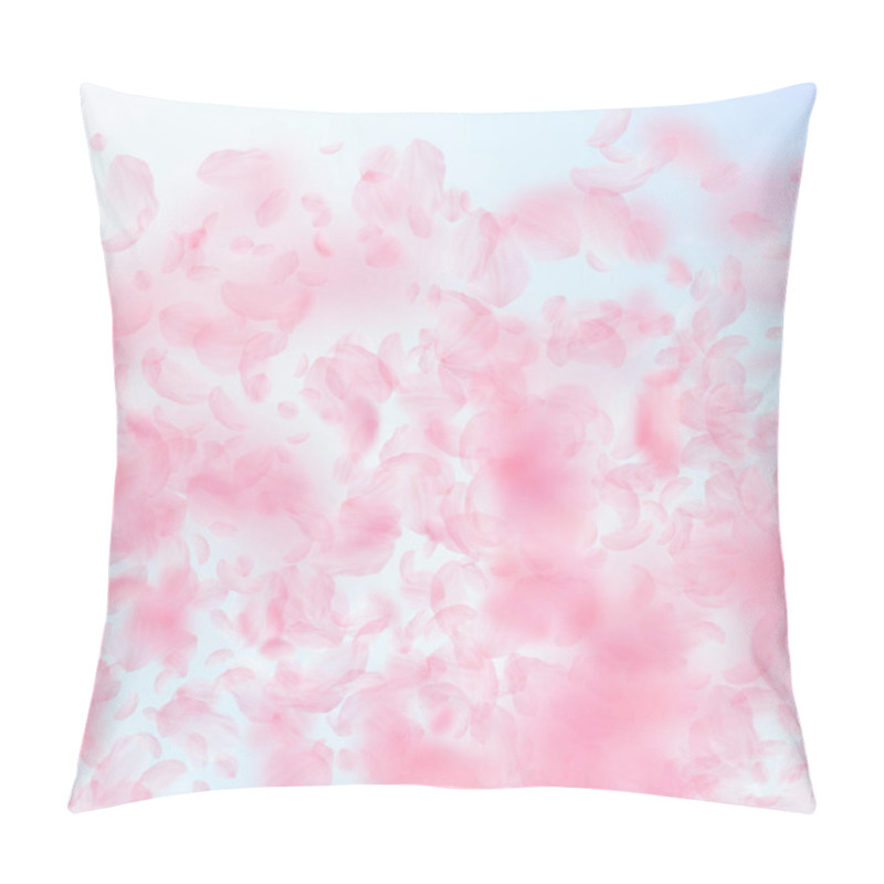 Personality  Sakura Petals Falling Down. Romantic Pink Flowers Gradient. Flying Petals On Blue Sky Square Backgro Pillow Covers