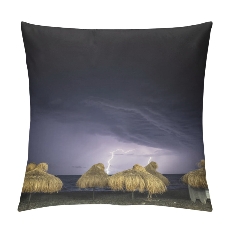 Personality  Dramatic Lightning Illuminates A Dark Sky Above A Beach Lined With Straw Umbrellas, Creating A Striking Contrast Between Natures Power And Seaside Tranquility. Pillow Covers