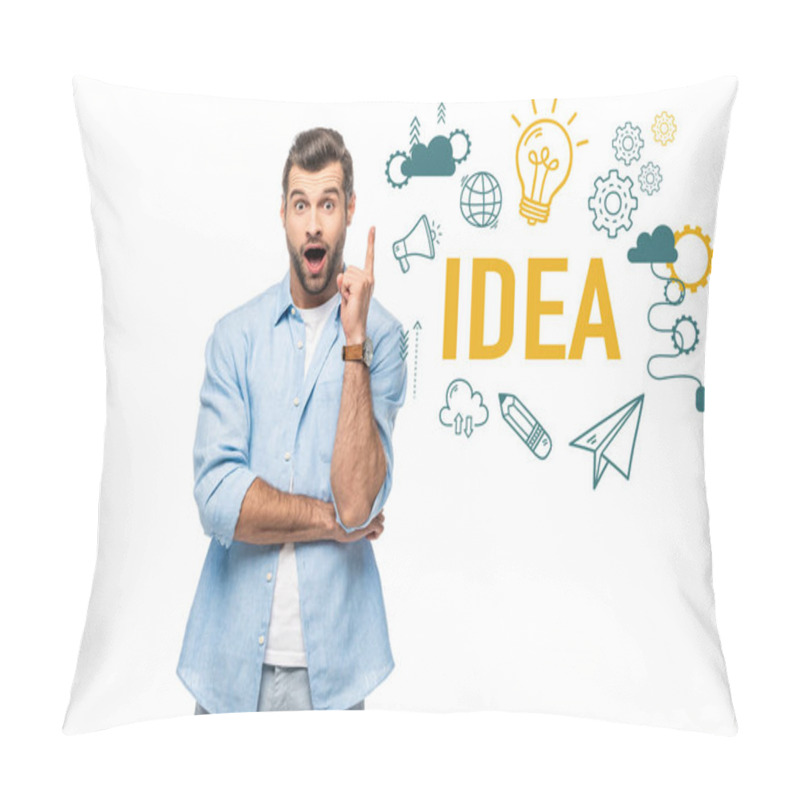 Personality  Shocked Man Gesturing Isolated On White With Idea Lettering And Icons Pillow Covers