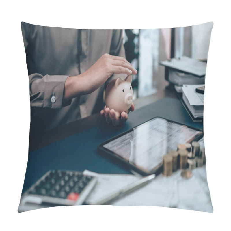 Personality  Investors Hand Protect And Save Money Piggy Bank On The Table. Business Saving Money And Financial Concept. Pillow Covers