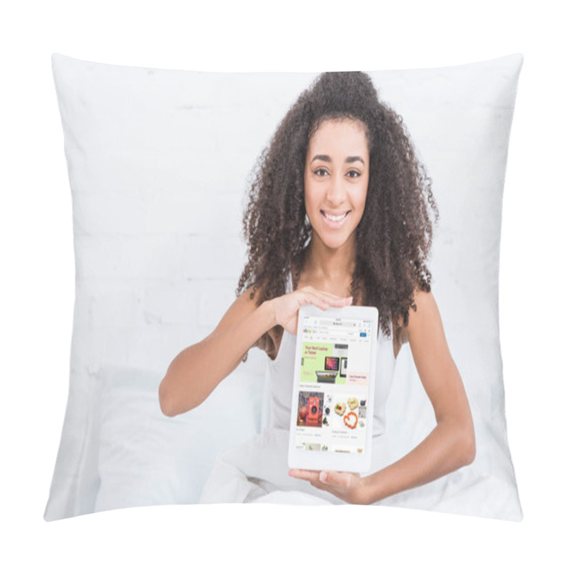 Personality  Happy African American Girl Showing Digital Tablet With Ebay On Screen In Bed At Home Pillow Covers