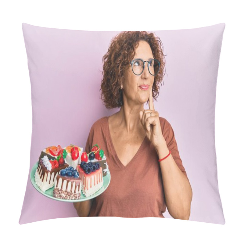 Personality  Beautiful Middle Age Mature Woman Holding Cake Slices Serious Face Thinking About Question With Hand On Chin, Thoughtful About Confusing Idea  Pillow Covers