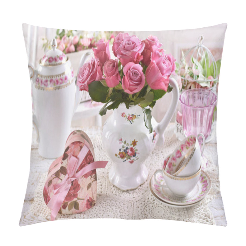 Personality  Bouquet Of Pink Roses In Porcelain Jug On The Table With Heart Shaped Gift Box And Porcelain In Shabby Chic Interior Pillow Covers