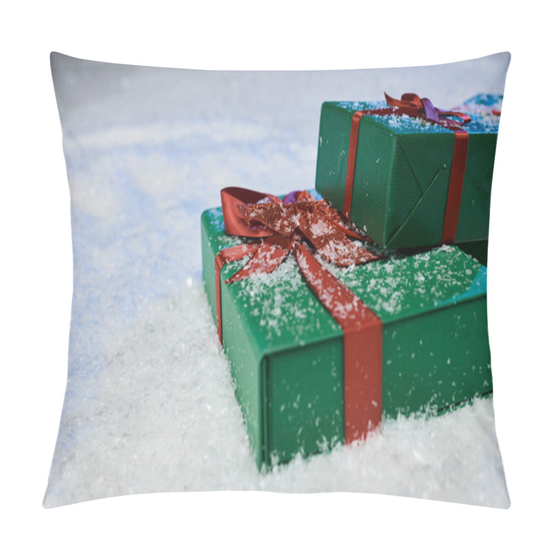 Personality  Two Beautifully Wrapped Green Gifts With Red Ribbons Sit Quietly On A Blanket Of Sparkling Snow. Pillow Covers