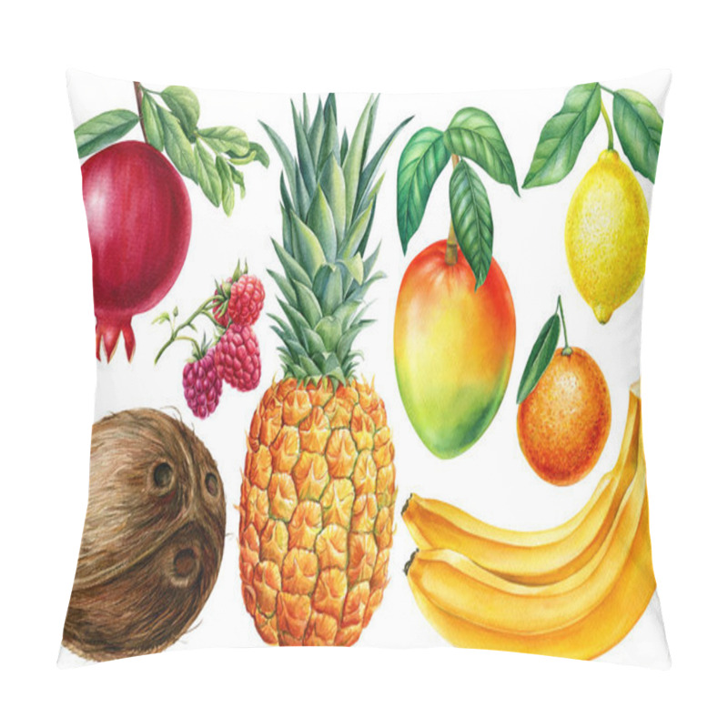 Personality  Berries And Fruits Banana, Pineapple, Mango, Coconut, Lemon, Pomegranate, Orange And Raspberry, Watercolor Illustration Pillow Covers