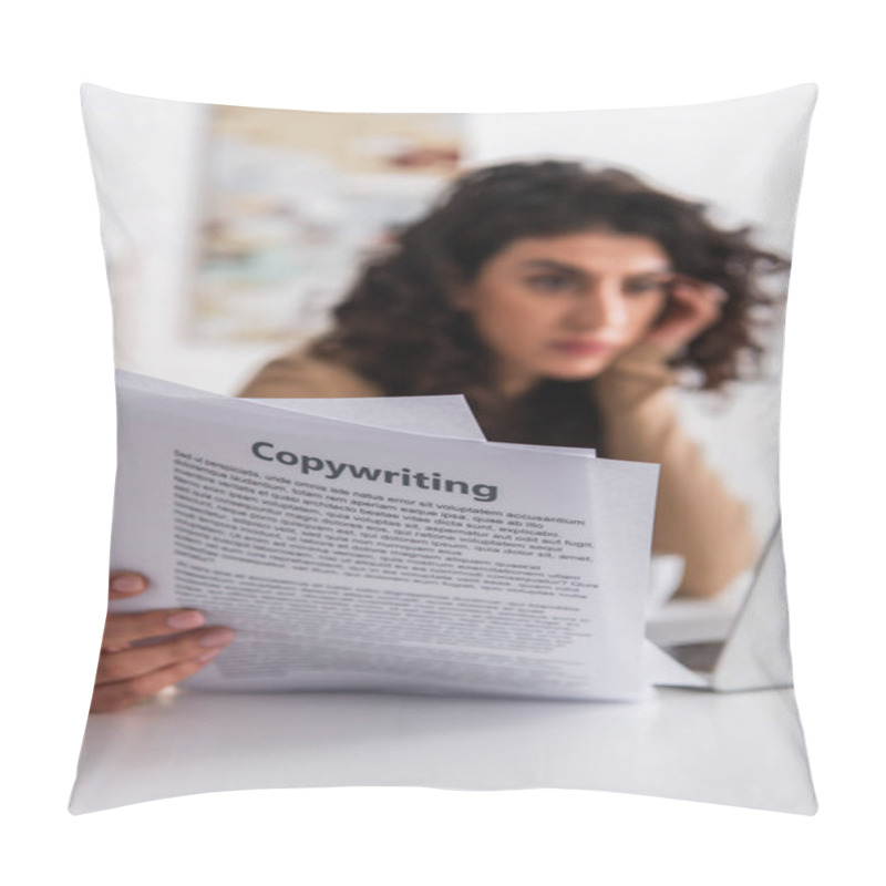 Personality  Blurred Freelancer Holding Papers With Copywriting Lettering Near Laptop At Home  Pillow Covers