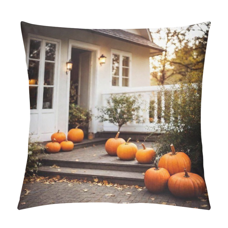 Personality  Halloween House Decorations Outside With Candles And Pumpkins In Analog Film Style Pillow Covers