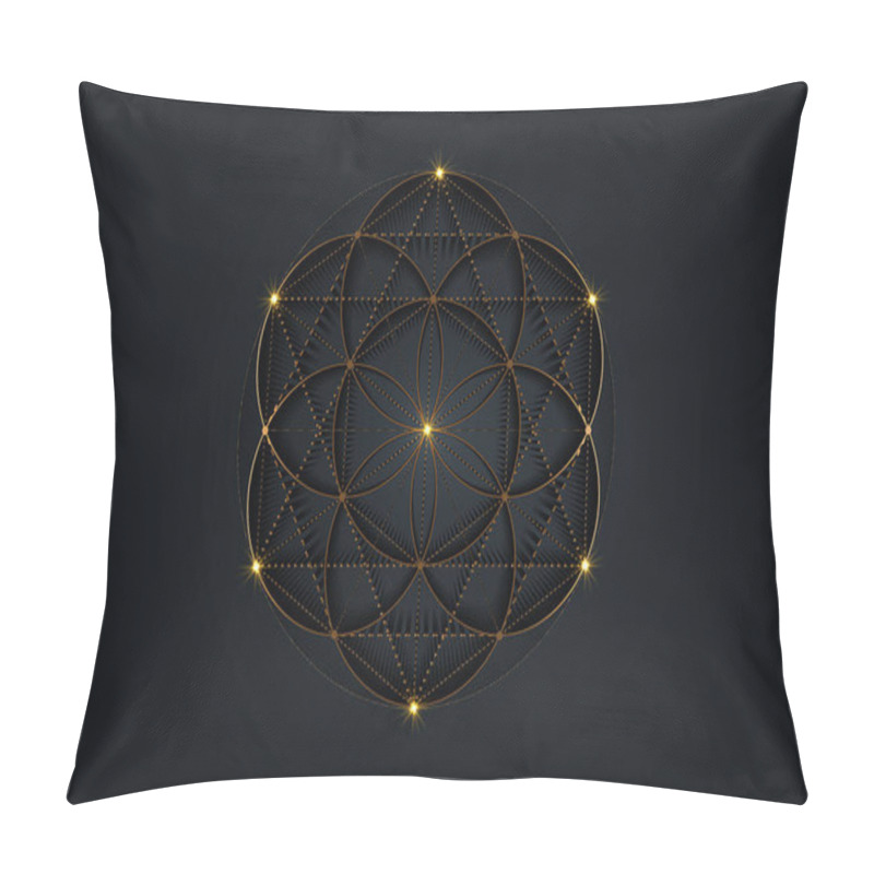 Personality  Flower Of Life, Seed Of Life Symbol Sacred Geometry, Mystic Mandala Of Alchemy Esoteric Sign. Golden Luxury Logo Vector Isolated On Black Background Pillow Covers