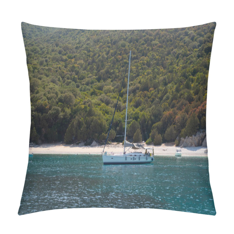 Personality  White Yachts Is Anchored Peacefully In Turquoise Waters Near A Pristine Sandy Beach, Surrounded By Lush Green Hills. Kefalonia, Greek Island. Ionian Sea Pillow Covers