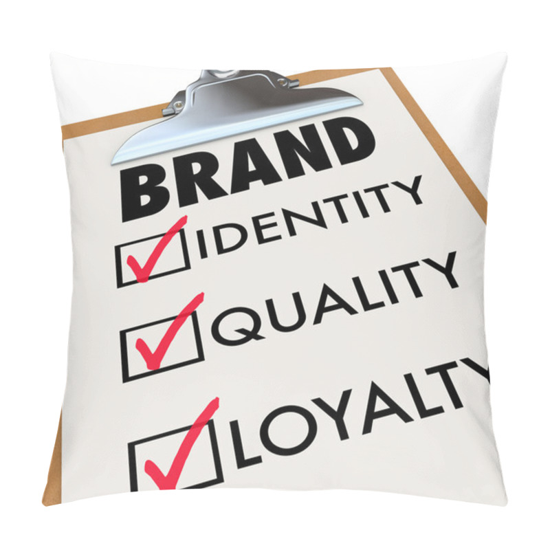 Personality  Brand Checklist Identity Quality Loyalty On Clipboard Pillow Covers