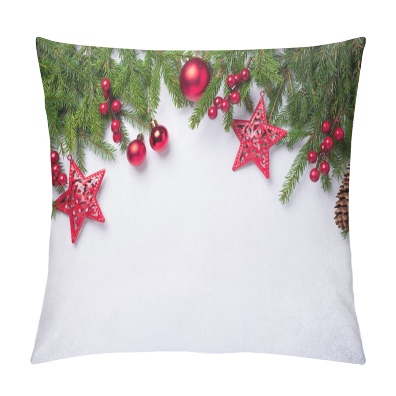 Personality  Christmas Background With Fir Tree And Red Gifts. Top View Copy Space Pillow Covers