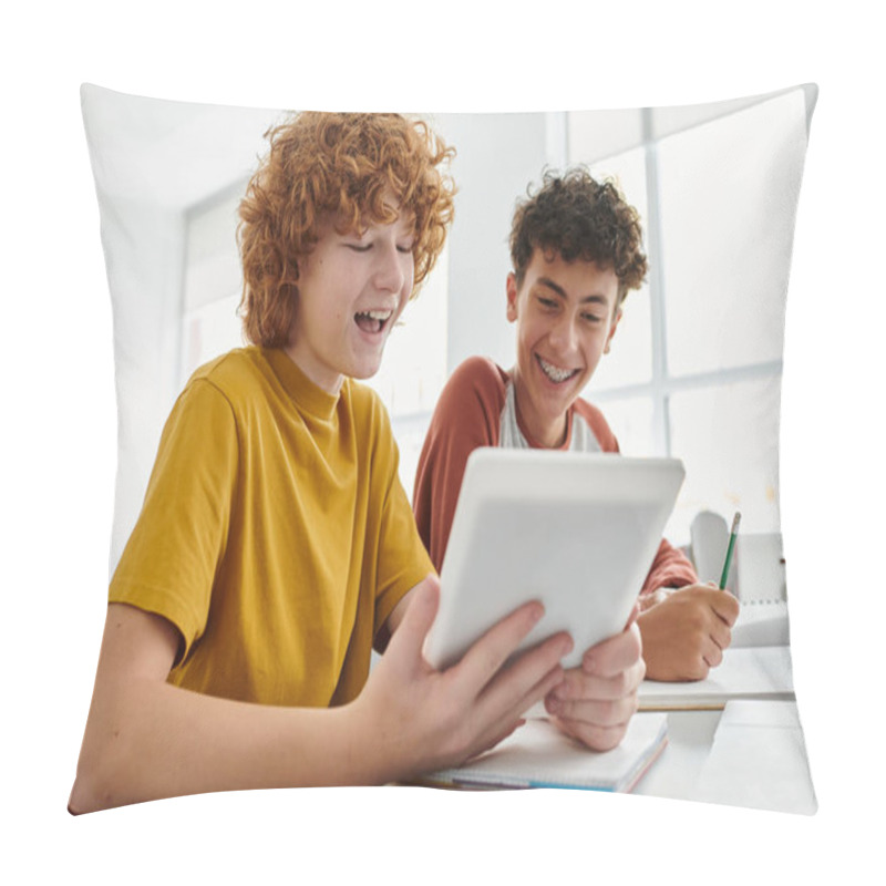 Personality  Positive Teenage Schoolboy Using Digital Tablet With Friend During Lesson In Classroom At Background Pillow Covers