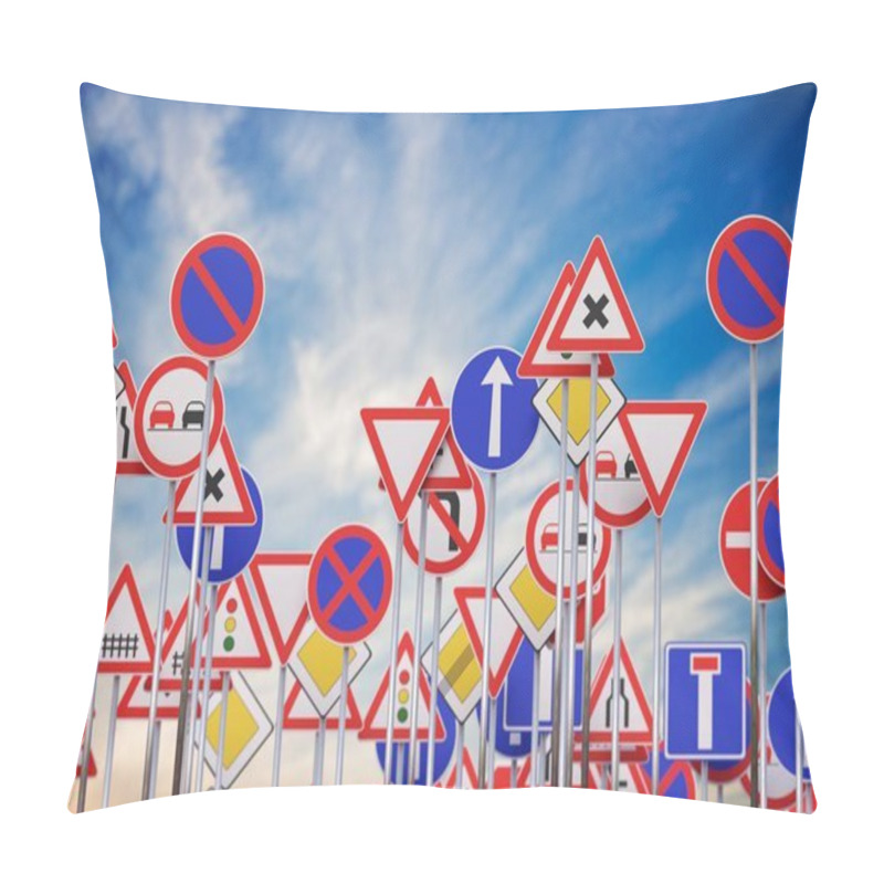 Personality  Many Road Signs Against Blue Sky. 3D Rendered Illustration. Pillow Covers