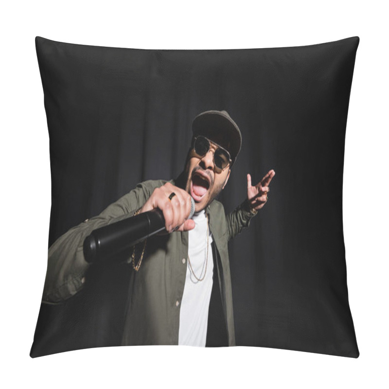 Personality  Indian Hip Hop Performer In Sunglasses And Cap Singing In Microphone On Black Pillow Covers