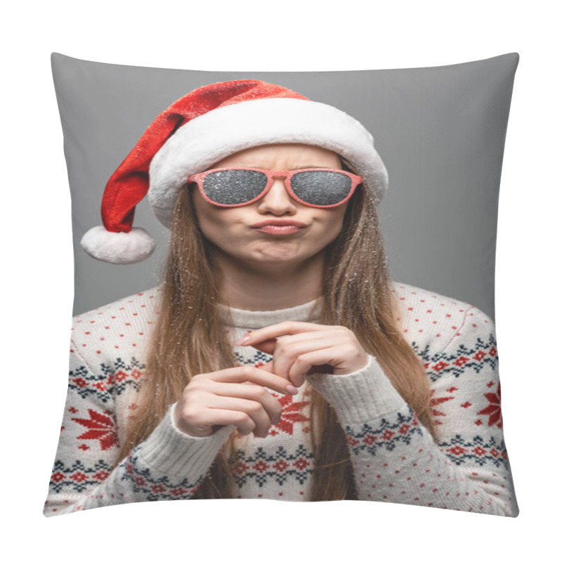 Personality  Beautiful Skeptical Woman In Christmas Sweater, Santa Hat And Sunglasses, Isolated On Grey Pillow Covers