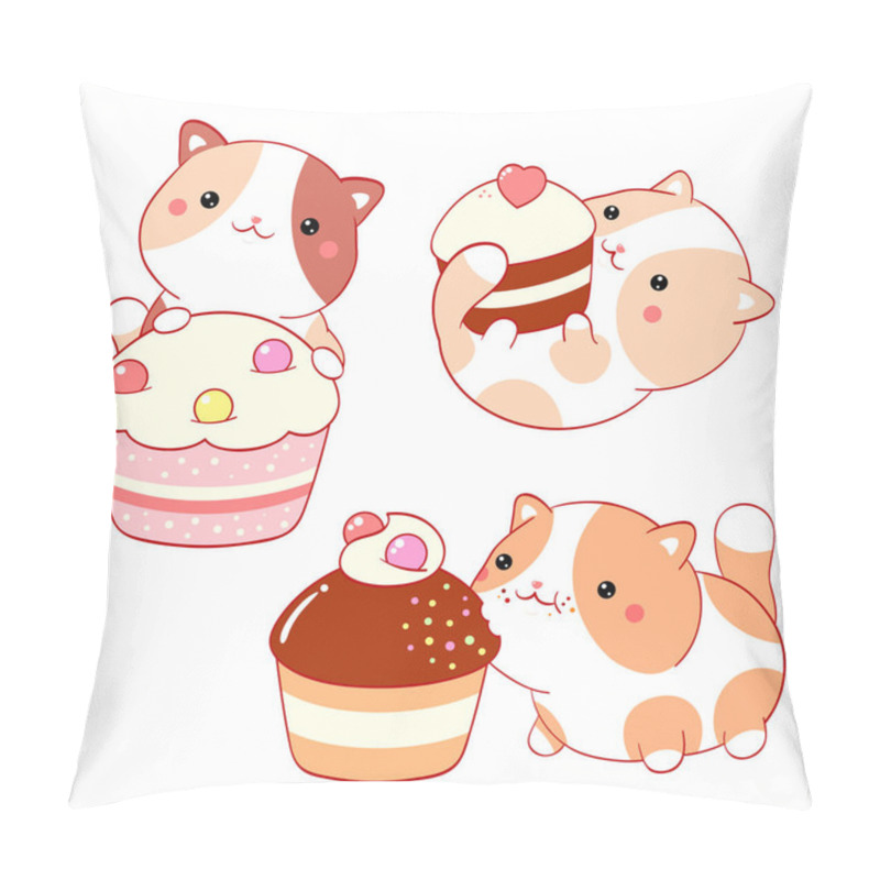 Personality  Set Of Little Cats With Desserts In Kawaii Style. Collection Of Cute Kitten With Cake, Muffin And Cupcake With Whipped Cream And Berry. Vector Illustration EPS8  Pillow Covers