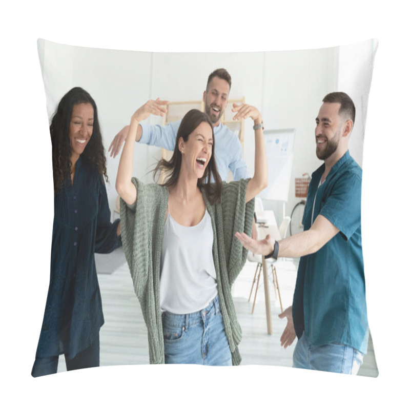 Personality  Smiling Young Businesswomen And Businessmen Dancing After Successful Deal. Pillow Covers