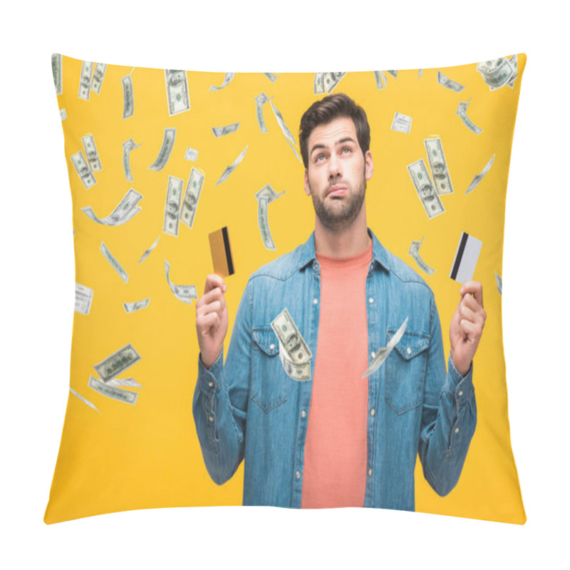 Personality  Confused Handsome Man Holding Credit Cards Isolated On Yellow With Money Rain Illustration Pillow Covers