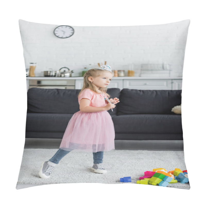 Personality  Girl In Toy Crown And Tulle Skirt Standing With Magic Wand At Home Pillow Covers