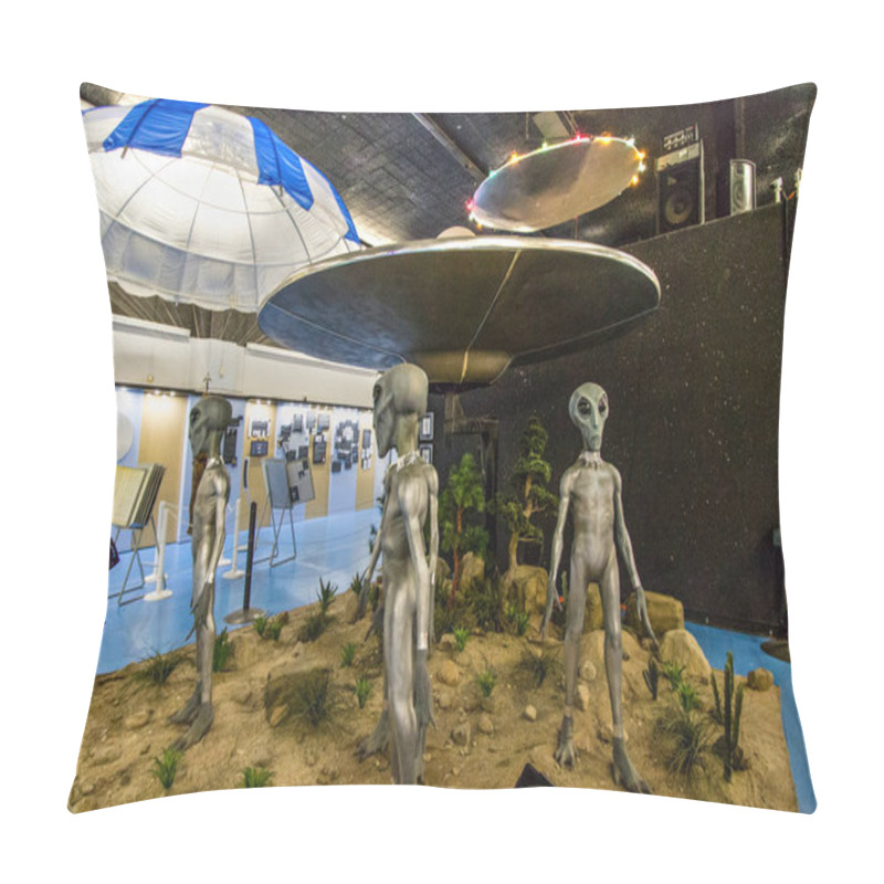 Personality  Roswell, New Mexico, USA - April 28, 2019: Extraterrestrial Alien Spaceship Landing At The International UFO Museum And Research Center In Roswell, New Mexico. Pillow Covers