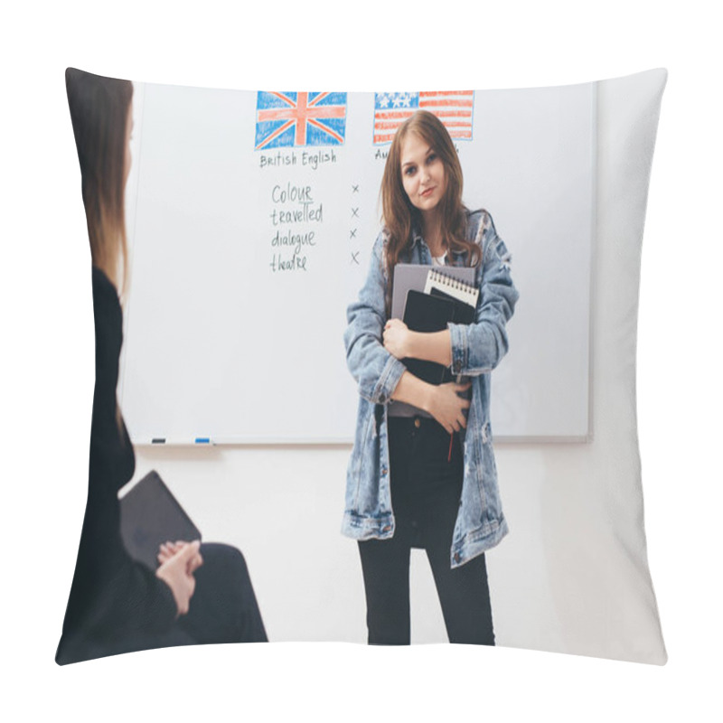 Personality  Female Student With Books In Classroom English Language School. Pillow Covers