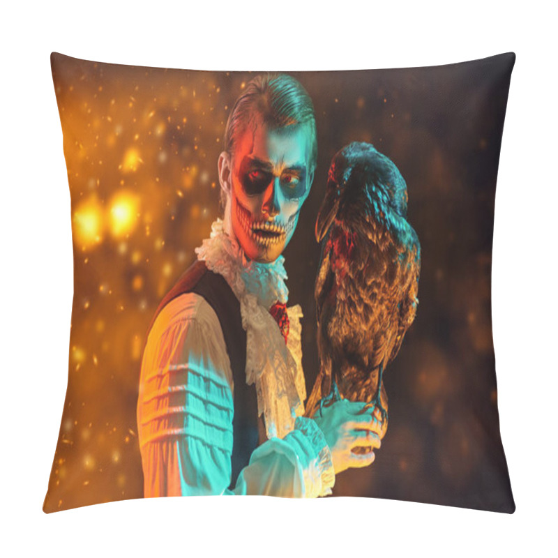 Personality  Scary Skeleton Man In Elegant Clothes  With A Black Raven Posing In A Dark Background With Mysterious Lights Floating Around. Dia De Los Muertos. Day Of The Dead. Halloween.  Pillow Covers