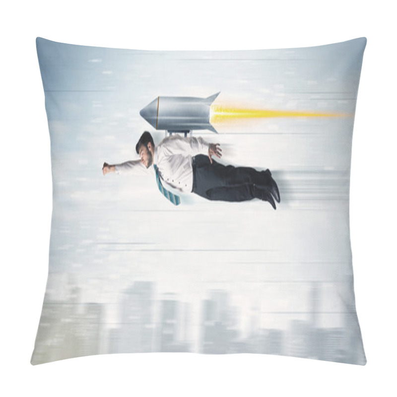 Personality  Superhero Business Man Flying With Jet Pack Rocket Above The Cit Pillow Covers