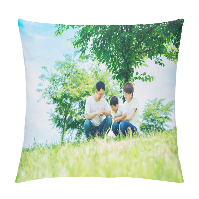 Personality  Parents And Their Child Sitting On A Sunny Green Space On Fine Day Pillow Covers