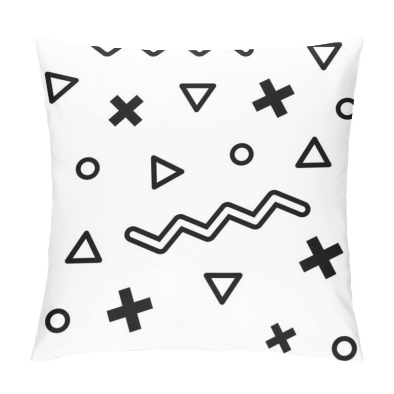 Personality  Black Geometric Shapes Including Plus Signs, Triangles, Circles And Zigzag Lines Create A Dynamic And Modern Seamless Pattern On A White Background, Evoking A Retro 80s Or 90s Aesthetic Pillow Covers