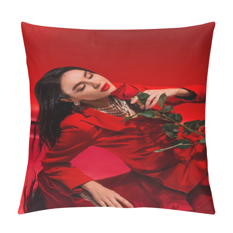 Personality  Young Woman In Jacket And Pearl Necklace Holding Rose And Closing Eyes On Red Background  Pillow Covers