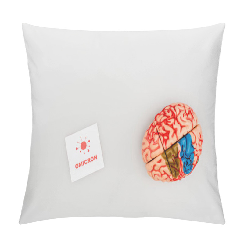 Personality  Top View Of Brain Model Near White Card With Omicron Lettering And Bacteria On Grey Background Pillow Covers