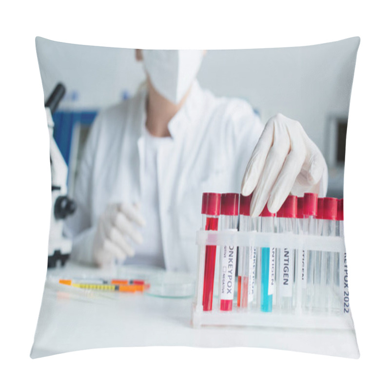 Personality  Cropped View Of Blurred Scientist Taking Test Tube With Monkeypox Lettering In Lab  Pillow Covers